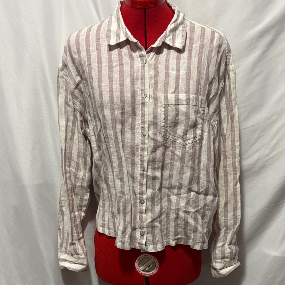 Rachel Zoe Button Down Shirt Linen - White and Pink Stripes LL97